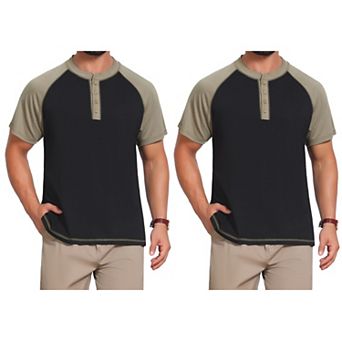 2 Packs Men's Raglan Henley Shirt Retro Colorblock Short Sleeve Button Down T-Shirts