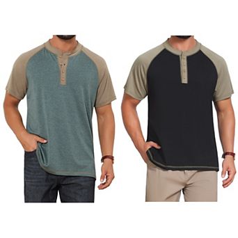 2 Packs Men's Raglan Henley Shirt Retro Colorblock Short Sleeve Button Down T-Shirts
