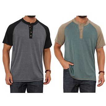2 Packs Men's Raglan Henley Shirt Retro Colorblock Short Sleeve Button Down T-Shirts