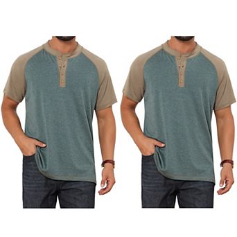 2 Packs Men's Raglan Henley Shirt Retro Colorblock Short Sleeve Button Down T-Shirts