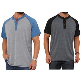 2 Packs Men's Raglan Henley Shirt Retro Colorblock Short Sleeve Button Down T-Shirts