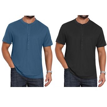 2 Packs Men's Henley Shirt Breathable Short Sleeve Button Down T-Shirts