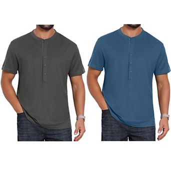 2 Packs Men's Henley Shirt Breathable Short Sleeve Button Down T-Shirts
