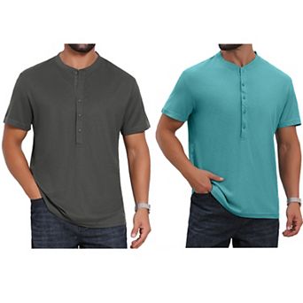 2 Packs Men's Henley Shirt Breathable Short Sleeve Button Down T-Shirts