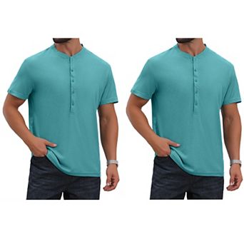 2 Packs Men's Henley Shirt Breathable Short Sleeve Button Down T-Shirts