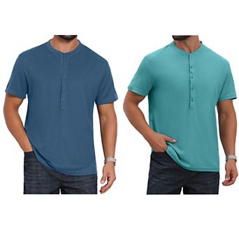 2 Packs Men's Henley Shirt Breathable Short Sleeve Button Down T-Shirts