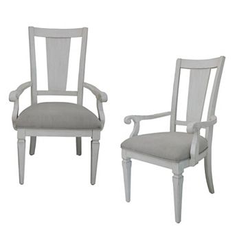 HomeRoots Set of 2 Light Gray and White Upholstered Linen and Solid Wood Open Back Dining Arm Chairs