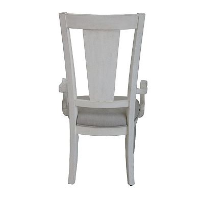 HomeRoots Set of 2 Light Gray and White Upholstered Linen and Solid Wood Open Back Dining Arm Chairs