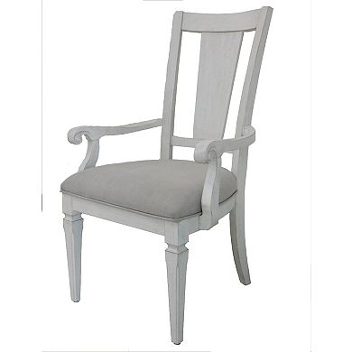 HomeRoots Set of 2 Light Gray and White Upholstered Linen and Solid Wood Open Back Dining Arm Chairs