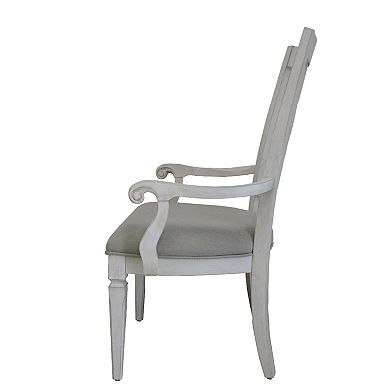 HomeRoots Set of 2 Light Gray and White Upholstered Linen and Solid Wood Open Back Dining Arm Chairs
