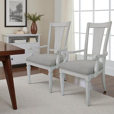 HomeRoots Set of 2 Light Gray and White Upholstered Linen and Solid Wood Open Back Dining Arm Chairs