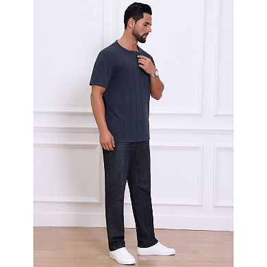 2 Packs Men's Henley Shirt Short Sleeve Button Down Jacquard Texture Knitted T-Shirts