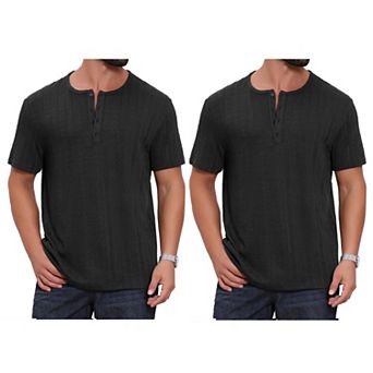 2 Packs Men's Henley Shirt Short Sleeve Button Down Jacquard Texture Knitted T-Shirts