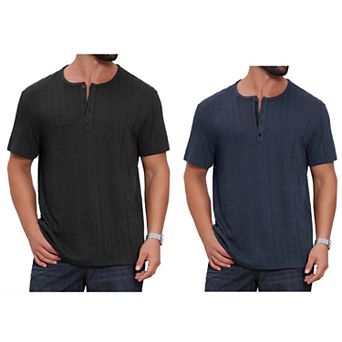 2 Packs Men's Henley Shirt Short Sleeve Button Down Jacquard Texture Knitted T-Shirts