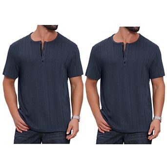 2 Packs Men's Henley Shirt Short Sleeve Button Down Jacquard Texture Knitted T-Shirts