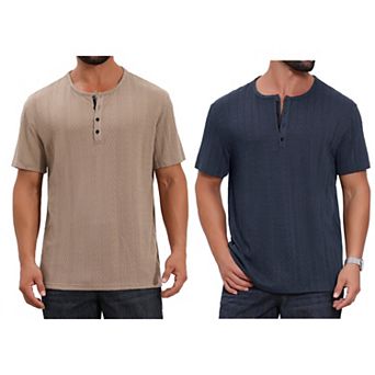 2 Packs Men's Henley Shirt Short Sleeve Button Down Jacquard Texture Knitted T-Shirts