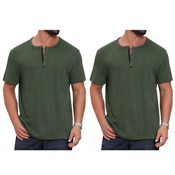 2 Packs Men's Henley Shirt Short Sleeve Button Down Jacquard Texture Knitted T-Shirts