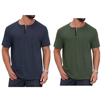 2 Packs Men's Henley Shirt Short Sleeve Button Down Jacquard Texture Knitted T-Shirts