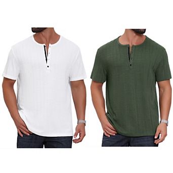 2 Packs Men's Henley Shirt Short Sleeve Button Down Jacquard Texture Knitted T-Shirts