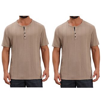 2 Packs Men's Henley Shirt Short Sleeve Button Down Jacquard Texture Knitted T-Shirts