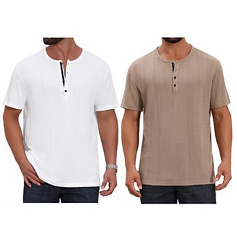2 Packs Men's Henley Shirt Short Sleeve Button Down Jacquard Texture Knitted T-Shirts