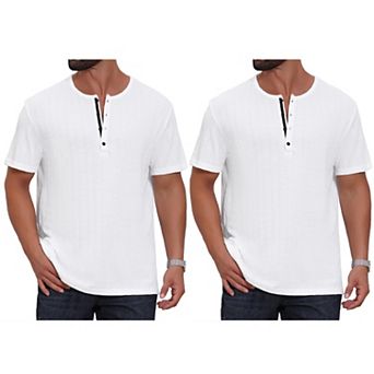 2 Packs Men's Henley Shirt Short Sleeve Button Down Jacquard Texture Knitted T-Shirts