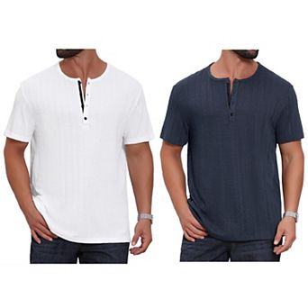 2 Packs Men's Henley Shirt Short Sleeve Button Down Jacquard Texture Knitted T-Shirts