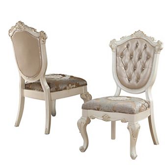 HomeRoots Set of 2 Tufted Rose Gold and Pearl Upholstered Faux Leather and Solid Wood Side Chairs
