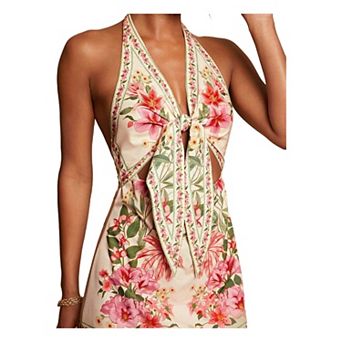 Floral Halter Neck Tie-Front Cutout Mini Dress - Tropical Boho Summer Sundress