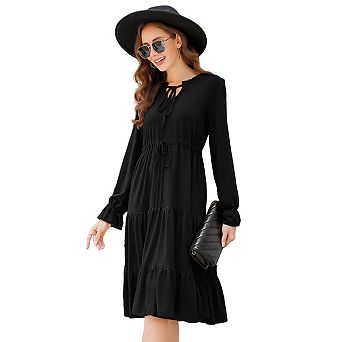 Women Tie V Neck Ruffle Long Sleeve Floral Print Dress A-Line Drawstring Waist Swing Midi Dress
