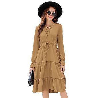 Women Tie V Neck Ruffle Long Sleeve Floral Print Dress A-Line Drawstring Waist Swing Midi Dress