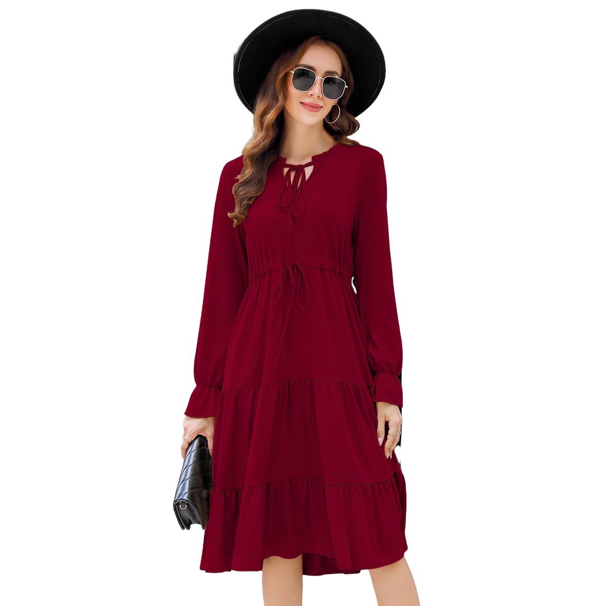 Женские платья Women Tie V Neck Ruffle Long Sleeve Floral Print Dress A-Line Drawstring Waist Swing Midi Dress