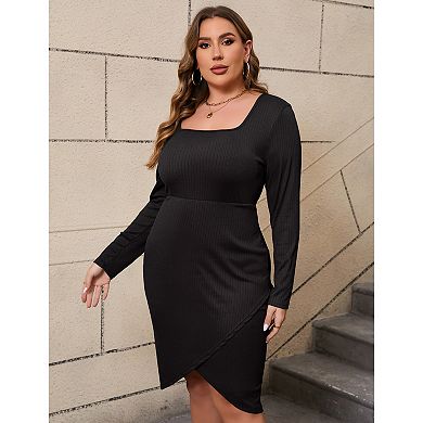 Womens Plus Size Cocktail Dress Square Neck Long Sleeve Wedding Guest Basic Semi Formal Midi Dress