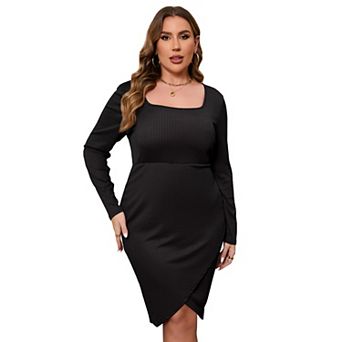 Womens Plus Size Cocktail Dress Square Neck Long Sleeve Wedding Guest Basic Semi Formal Midi Dress