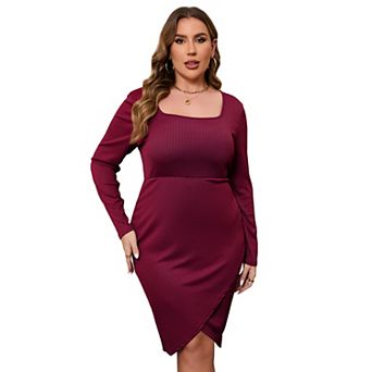 Womens Plus Size Cocktail Dress Square Neck Long Sleeve Wedding Guest Basic Semi Formal Midi Dress