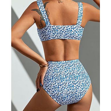 Women's Leopard Print High Waist Two Piece Swimsuit Set for Beach Vacation