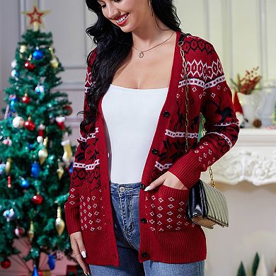 Women's Christmas Cardigans Button Down Open Front Knit Pullover Long Sleeve Cardigan Sweaters