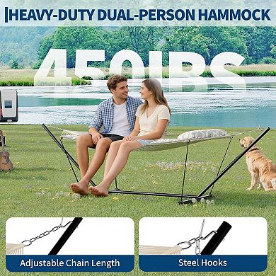 Double Hammock with Stand ,2 Person Heavy Duty 350 Lbs Capacity,Portable Rope Hammock for Outdoor