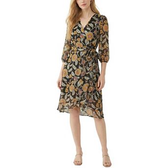 3/4 Sleeve V Neck Belted Chiffon Dress