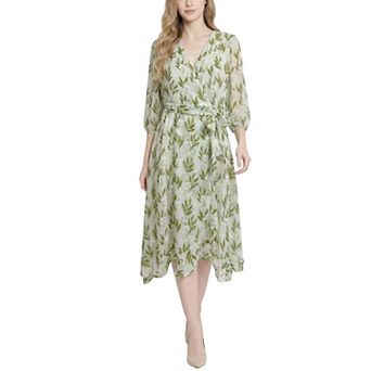 3/4 Sleeve V Neck Belted Chiffon Dress