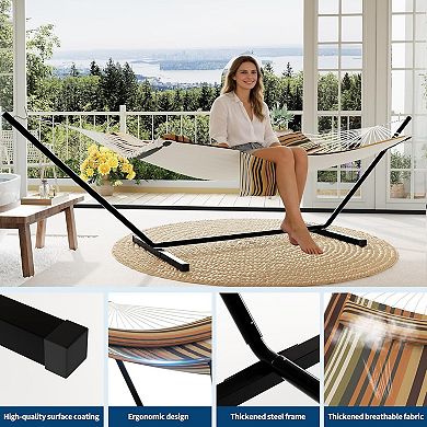 2 Person Double Hammock with Stand and Pillow,450 Lbs Capacity Heavy Duty Hammock with Balance Rope