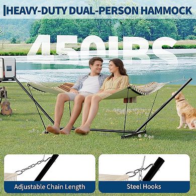 2 Person Double Hammock with Stand and Pillow,450 Lbs Capacity Heavy Duty Hammock with Balance Rope