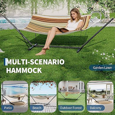 2 Person Double Hammock with Stand and Pillow,450 Lbs Capacity Heavy Duty Hammock with Balance Rope