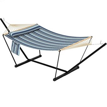 2 Person Double Hammock with Stand and Pillow,450 Lbs Capacity Heavy Duty Hammock with Balance Rope