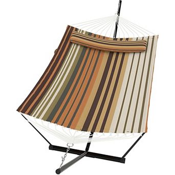 2 Person Double Hammock with Stand and Pillow,450 Lbs Capacity Heavy Duty Hammock with Balance Rope