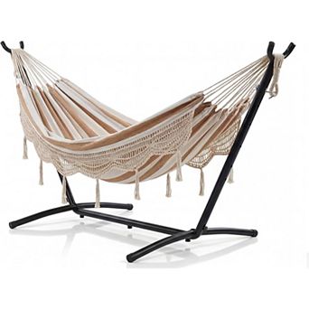 Portable 2-Person Hammock with Heavy-Duty Steel Stand & Lace Detailing, Supports Up to 450 LBS