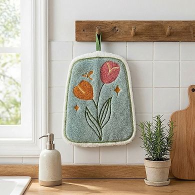 2 Pack Coral Fleece Hanging Hand Towels Floral Design Soft Kitchen Bathroom Hand Towels