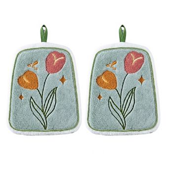2 Pack Coral Fleece Hanging Hand Towels Floral Design Soft Kitchen Bathroom Hand Towels