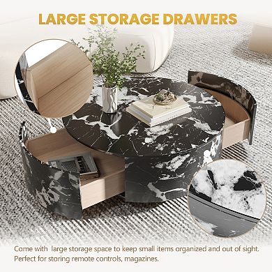 Modern Round Coffee Table with Drawers,33.47'' Drum Storage Center Table
