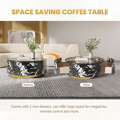 Modern Round Coffee Table with Drawers,33.47'' Drum Storage Center Table